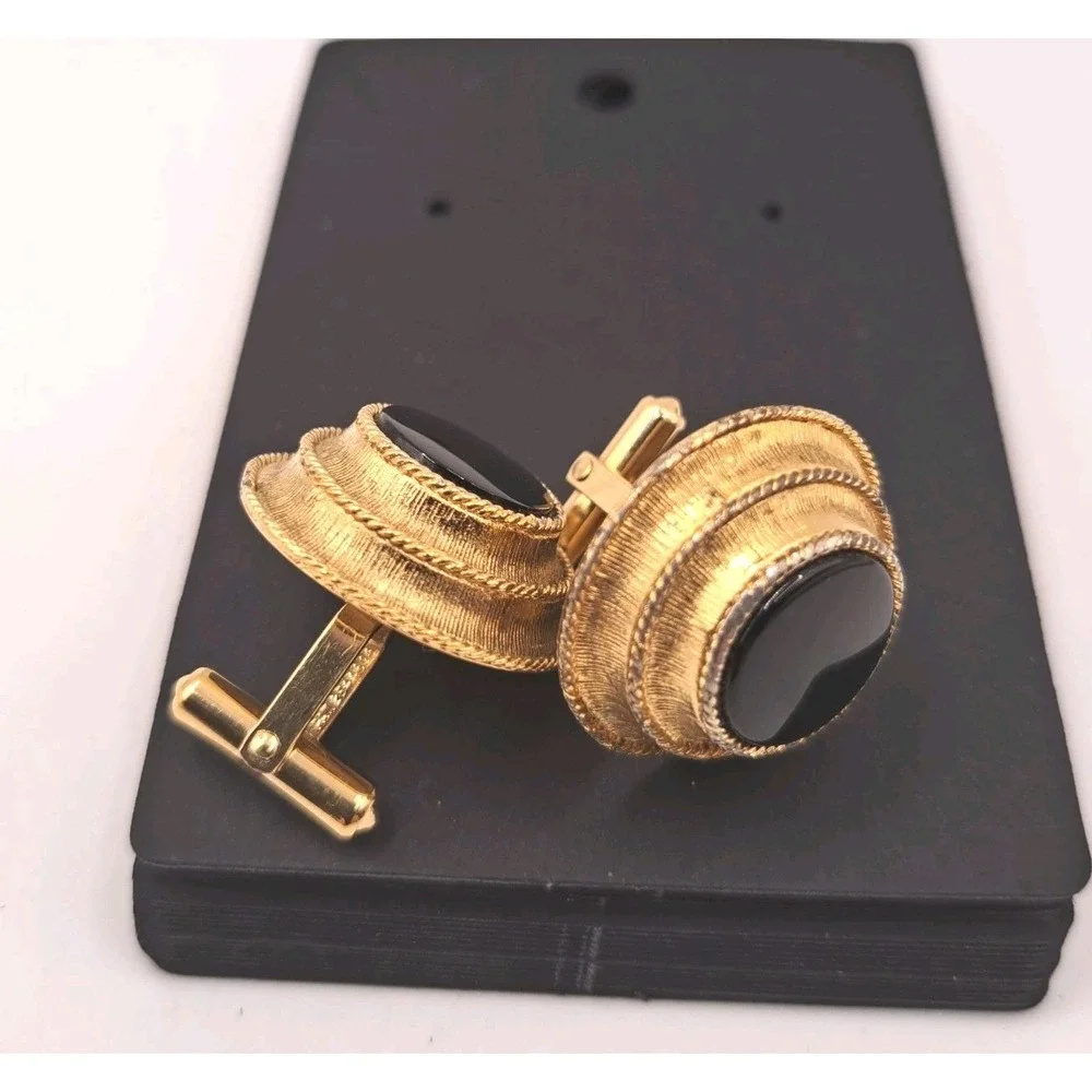 Vintage Christian Dior by Destino Gold Tone Cufflinks, Black Onyx Cabochon